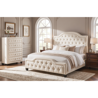Sunvega Sophia Cream Velvet Upholstered Crystal Tufted 5-Drawer Chest for Bedroom