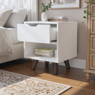 Sunvega Modern White Nightstand with Spacious Drawer and Open Storage Shelf