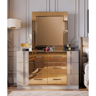 Sunvega Gray Wood 6-Drawer Dresser with Bronze Mirror Accents for Bedroom