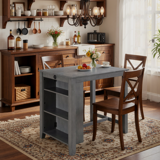 Sunvega Modern Gray Wood Counter Height Dining Table with USB Ports and Shelves