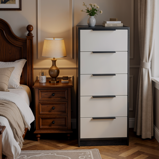 Sunvega 42" High Modern Five Drawer Vertical Dresser in White and Smokey Oak