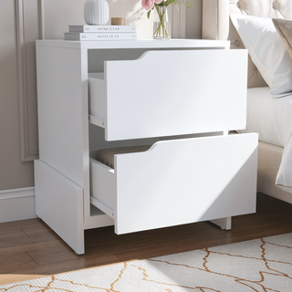 Sunvega Brookland Nightstand with Double Drawers and Sturdy Base in White Macadamia