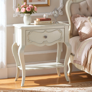 Sunvega Pearl White Nightstand with Scalloped Apron and Drawer Shelf