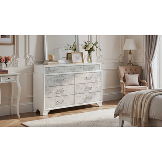 Sunvega Modern White Dresser with Marble Accents and Nine Drawers for Bedroom