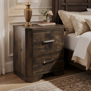 Sunvega Rustic Brown Finish Nightstand with 2 Storage Drawers and Clipped Corners