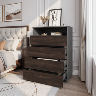 Sunvega Stained Walnut Dresser with Four Spacious Drawers and Open Shelf