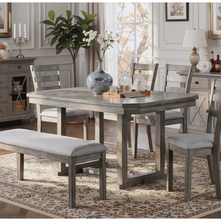 Sunvega Gray Fabric Upholstered Dining Bench with Wire-Brushed Finish