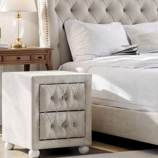 Sunvega Beige Fabric Nightstand with Two 10 by 13 by 5 Inch Storage Drawers