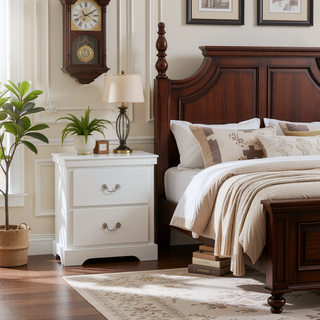 Sunvega Traditional White Wooden Nightstand with 2 Dovetail Drawers and Satin Nickel Handles