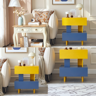 Sunvega Modern Yellow and Blue Nightstand with Large Storage Drawers for Bedroom