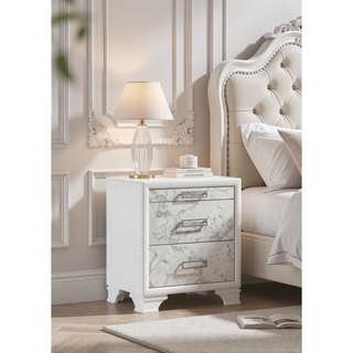 Sunvega Modern White Nightstand with Marble Accent Drawers and Silver Handles