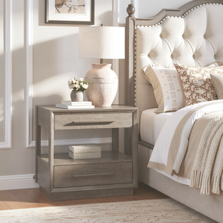 Sunvega Modern Two-Drawer Nightstand with Open Shelf in Warm Taupe Oak