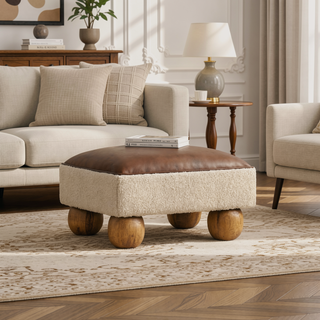 Sunvega Vintage Leather Boucle Upholstered Footstool with Solid Mango Wood Ball Feet