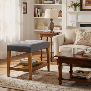 Sunvega Tufted Padded Seat Bench with Open Shelf for Contemporary Spaces