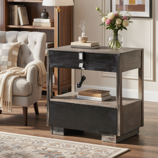 Sunvega Modern Two-Drawer Nightstand with Open Shelf in Warm Taupe Oak