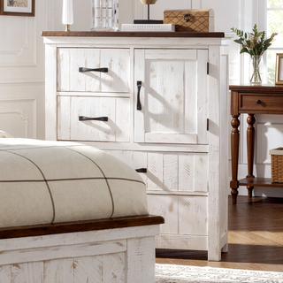 Sunvega Modern Transitional Chest with Metal Drawer Handles in Distressed White and Walnut Finish