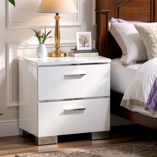 Sunvega Contemporary Wood and Metal Nightstand with 2 Drawers in White and Silver