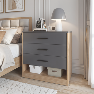 Sunvega 3 Drawer Dresser with Open Shelf in Natural Oak and Matt Grey Finish