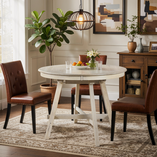 Sunvega Retro Round Extendable Dining Table for Dining Room with Flip Leaves
