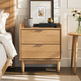 Sunvega Minimalist Solid Pine Wood Nightstand with 2 Smooth Gliding Drawers