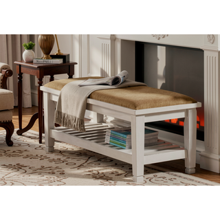 Sunvega Antique White Transitional Storage Bench with Slatted Wood Shelf and Cushion
