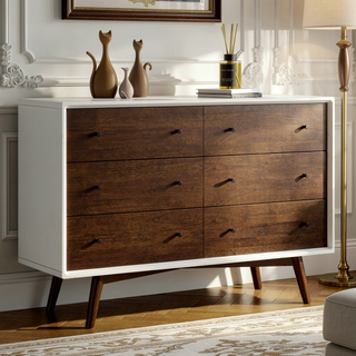 Sunvega Mid Century Modern White Dresser 6 Drawer Solid Wood Storage for Bedroom