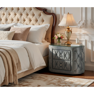 Sunvega Modern Gray Tufted Upholstery Nightstand with 8mm Glass Top and Two Drawers