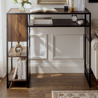 Sunvega Display Farmhouse Bar Height Table with Storage in Black Metal and Walnut Wood