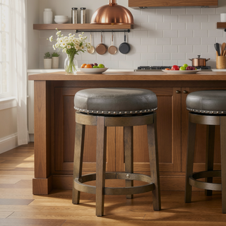 Sunvega Set of Two Gray Faux Leather Swivel Counter Stools with Wood Base