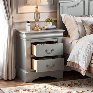 Sunvega Black Nightstand with Two Drawers and Brushed Nickel Handles