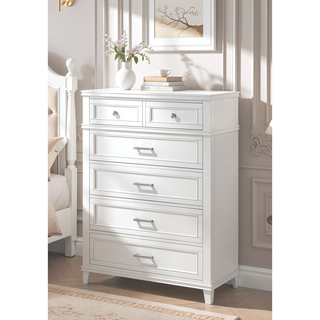 Sunvega White Transitional Chest with 5 French Dovetail Storage Drawers and Custom Hardware