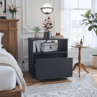 Sunvega White Nightstand with Drawer and Casters for Bedroom or Living Room