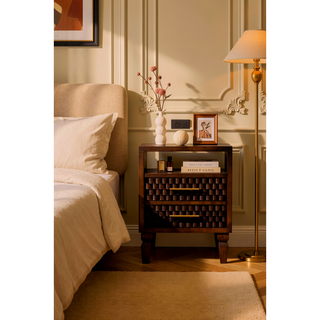 Sunvega Solid Mango Wood Arno Bedside Table with Carved Block Pattern and Drawers