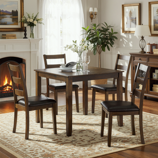 Sunvega Transitional Walnut and Dark Brown Finish 5-Piece Dining Table Set with Wooden Top