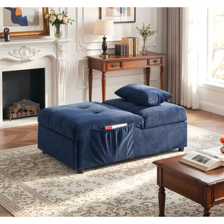 Sunvega Dark Blue Velvet Tufted Solid Wood Lift Top Storage Bench with Pull-out Ottoman