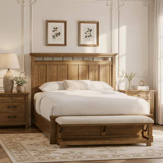 Sunvega Caramel Elm Veneer Nightstand with Two Spacious Drawers and Pull-Out Tray