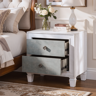 Sunvega Modern Farmhouse Nightstand with 2 Drawers in Rustic Gray White Finish