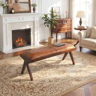 Sunvega Mid Century Modern Tan Leather Upholstered Bench with Solid Wood Frame