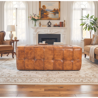 Sunvega Genuine Tan Leather Bench with Teak Frame for Living Room Bedroom