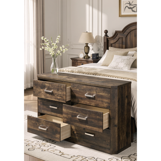 Sunvega Rustic Walnut Finish Six-Drawer Dresser with Brushed Nickel Handles