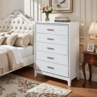 Sunvega White Finish Transitional Glam Nightstand with Spacious 2-Drawer Storage