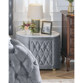 Sunvega Oval Faux Marble Top Nightstand with Two Drawers and Button Tufted Black Fabric