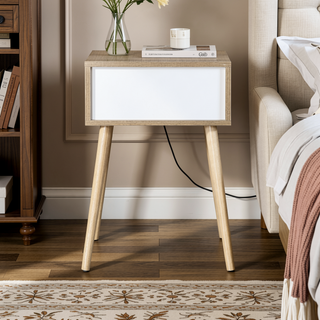 Sunvega Mid-Century Modern Bedside Table with 2 Drawers and Rubber Wood Legs