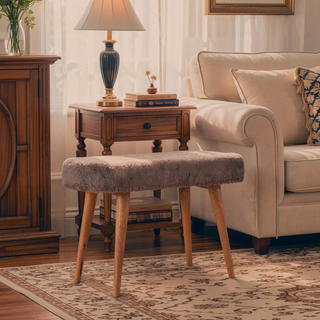 Sunvega Solid Mango Wood Bench with Soft Mocha Faux Fur Upholstery and Nordic Legs