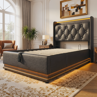 Sunvega Full Size Upholstered Bed with 360 LED Lighting Hydraulic Storage and USB Charging