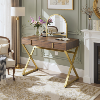 Sunvega White and Gold Vanity Desk with Mirror and Jewelry Storage Tray