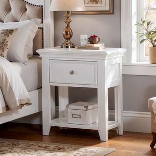 Sunvega Transitional White Nightstand with Drawer and Bottom Shelf for Bedroom