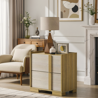 Sunvega Natural Wood and White Melamine 2-Drawer Nightstand Bedside Table