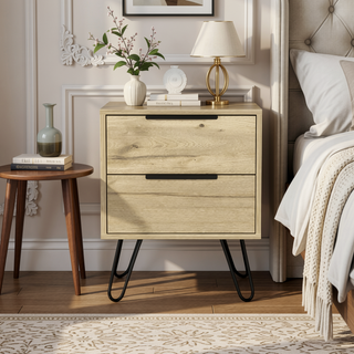 Sunvega Nightstand with Two Drawers and Four Steel Hairpin Legs