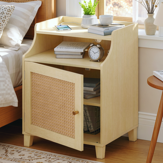 Sunvega Farmhouse Nightstand Set with Charging Station and Rattan Door for Bedroom